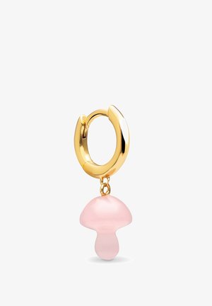 Boucle d'oreille en forme d'anneau en or avec un pendentif champignon rose en matériau lisse, présentant un chapeau arrondi et une base évasée.