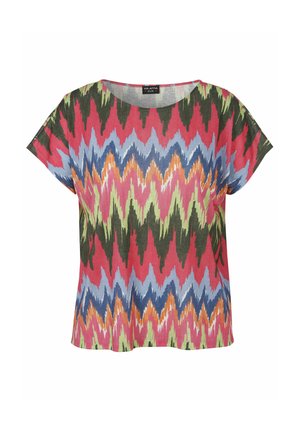 T-shirt à manches courtes avec motif zigzag multicolore en rose, vert, bleu, orange et noir, col rond et coupe décontractée.