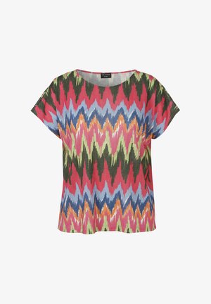 T-shirt met korte mouwen met een multicolor zigzagpatroon in roze, groen, blauw, oranje en zwart, ronde hals en relaxte pasvorm.