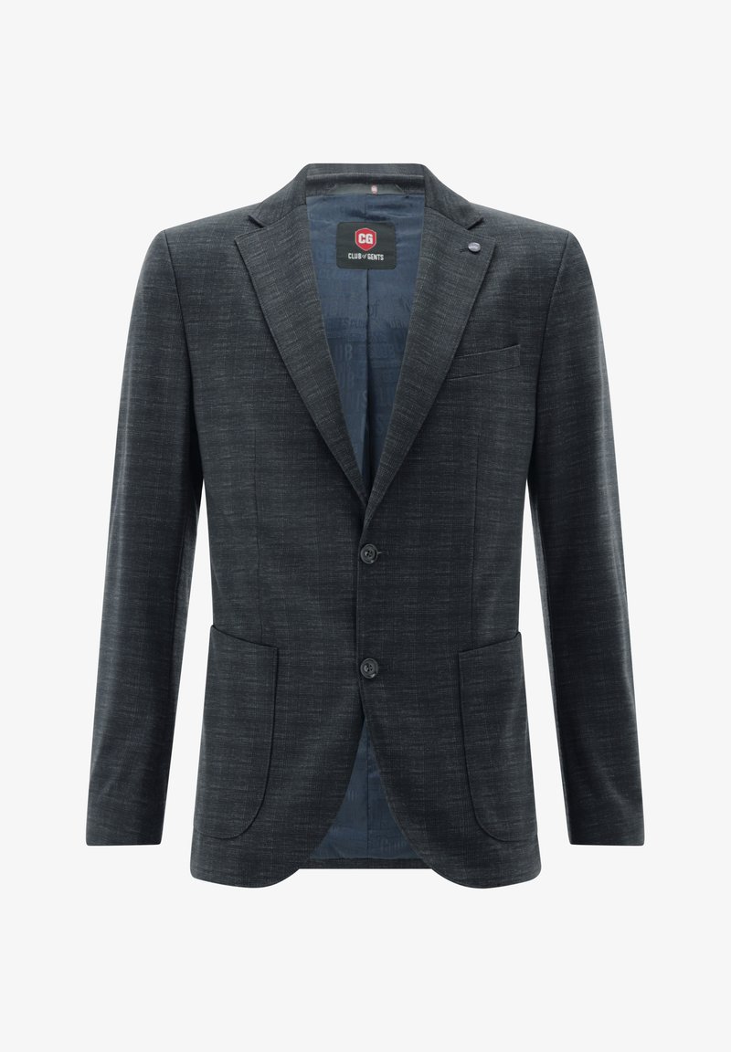 Dark grey textured men's blazer with two front buttons, notch lapel, two lower patch pockets, and Club of Gents label inside.