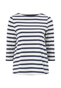 Gestreept T-shirt met marineblauwe en witte horizontale strepen, van katoen, met een ronde hals en driekwart mouwen. Zachte textuur.