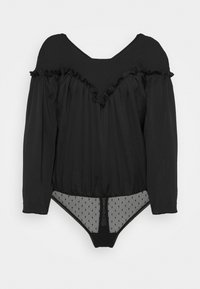Body de manga larga negro con pechera con volantes y parte inferior de malla con lunares, que presenta un escote en V y puños ajustados.