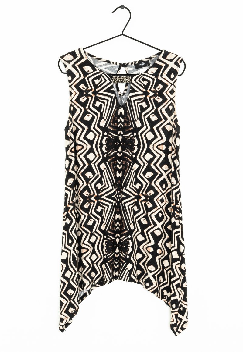 Černobílý top bez rukávů s geometrickými vzory, který má klíčovou dírku a korálkové zdobení v oblasti krku. Měkká textura.