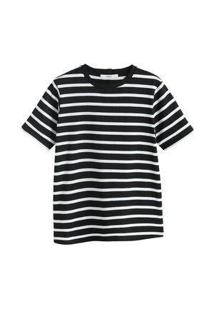 T-shirt à manches courtes rayé noir et blanc en coton. Il présente un col rond et une coupe confortable avec des rayures régulières.