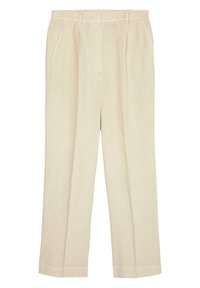 Beige linnen rechte pantalon met zijzakken, riemlussen en een verborgen sluiting aan de voorkant.