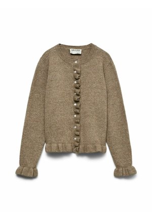 Bruine gebreide cardigan met een ronde halslijn, ruches aan de voorkant, knoopsluiting en geribbelde boorden aan de mouwen en zoom.
