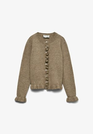 Bruine gebreide cardigan met een ronde halslijn, ruches aan de voorkant, knoopsluiting en geribbelde boorden aan de mouwen en zoom.