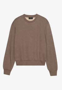 Sweatshirt marron avec un col rond, des poignets et un ourlet côtelés. Tissu doux avec une coupe légèrement ample, design minimaliste.