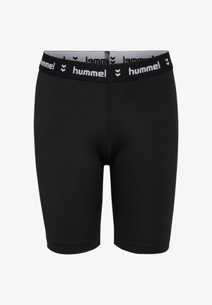 Zwarte sportshorts met een nauwsluitende pasvorm, gemaakt van rekbare stof. Kenmerken zijn een witte logo-bunds en een soepele, lichte textuur.