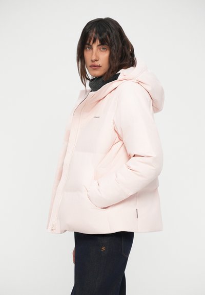 Light pink puffer jacket with a hood, featuring a zip closure and two side pockets. Soft fabric with a smooth finish. Casual silhouette.