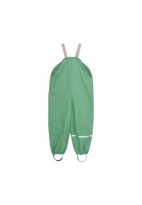 Grüne wasserdichte Overalls mit verstellbaren beigen Trägern, elastischen Bündchen und reflektierendem weißen Streifen für bessere Sichtbarkeit. Für den Einsatz im Freien konzipiert.