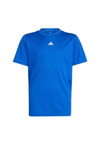 Herren Sport-T-Shirt in Blau aus glattem Stoff, mit kurzen Ärmeln, rundem Halsausschnitt und einem weißen Logo auf der Brust.