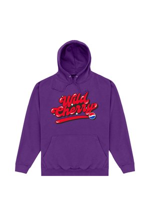 Lilla hættetrøje med rød "Wild Cherry" tekst og lille Pepsi-logo, der har en frontlomme og snoretræk på en hvid baggrund.