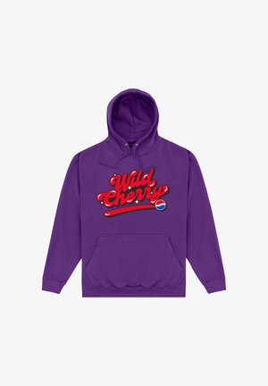 Sweat à capuche violet avec le texte rouge "Wild Cherry" et un petit logo Pepsi, comportant une poche avant et un cordon de serrage, sur fond blanc.