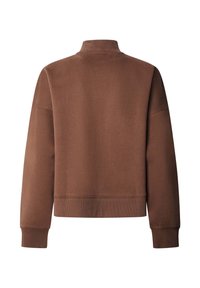 Sweat-shirt marron à manches longues avec poignets, ourlet et col montant côtelés, vu de dos sur fond blanc.