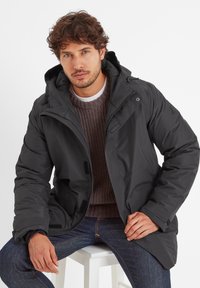 Men's dark gray puffer jacket with a hood, featuring a zip closure, side pockets, and a smooth, water-resistant exterior.