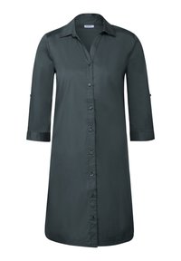 Camicia button-up grigio scuro con colletto, maniche a tre quarti e una texture liscia. Presenta dettagli con bottoni lungo la parte anteriore.