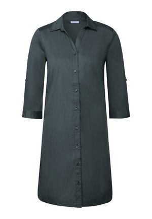 Camicia button-up grigio scuro con colletto, maniche a tre quarti e una texture liscia. Presenta dettagli con bottoni lungo la parte anteriore.
