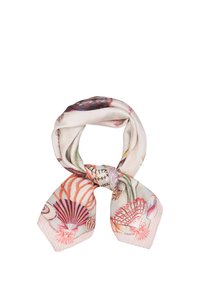 Foulard en soie avec un fond beige clair et des motifs colorés de coquillages et de corail dans des teintes de rose, orange et vert. Texture lisse, extrémités triangulaires.