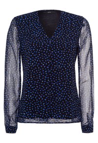 Blusa nera con maniche lunghe trasparenti, dotata di scollatura a V e un motivo di punti blu e azzurri. Tessuto morbido, vestibilità regolare.