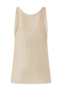 Bež majica bez rukava s blagim sjajem, prekrivena sitnim šljokicama. Ima okrugli izrez i dizajn bez rukava. Mekana, teksturirana tkanina.