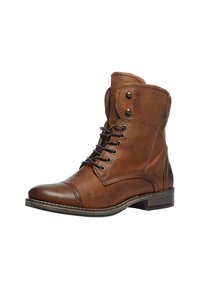 Bottine en cuir brun avec un bout arrondi, à lacets, œillets en laiton et un rabat latéral avec un bouton pression. Fini texturé avec des coutures.