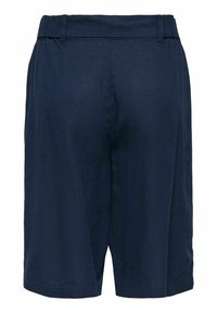 Shorts bleu marine longueur genou avec passants pour ceinture et coupe décontractée, vus de dos.