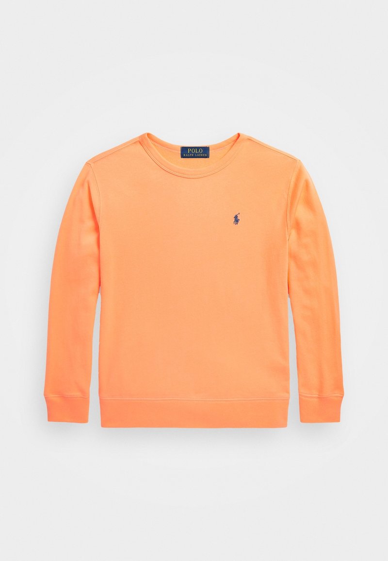 Felpa arancione in tessuto morbido, con scollo rotondo, maniche lunghe e polsini a costine. Presenta un piccolo logo blu sul petto a sinistra.