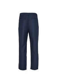 Pantaloni blu navy con vestibilità comoda, realizzati in tessuto morbido. Presentano due tasche posteriori e un design semplice della vita.