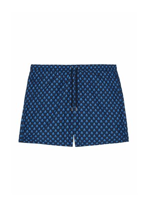 Bañador azul con un patrón repetido de pulpos en un azul más claro, cinturilla elástica con cordón ajustable, textura de tela suave.