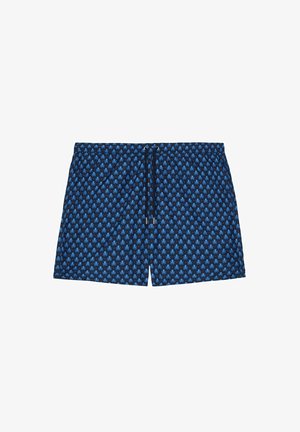 Bañador azul con un patrón repetido de pulpos en un azul más claro, cinturilla elástica con cordón ajustable, textura de tela suave.