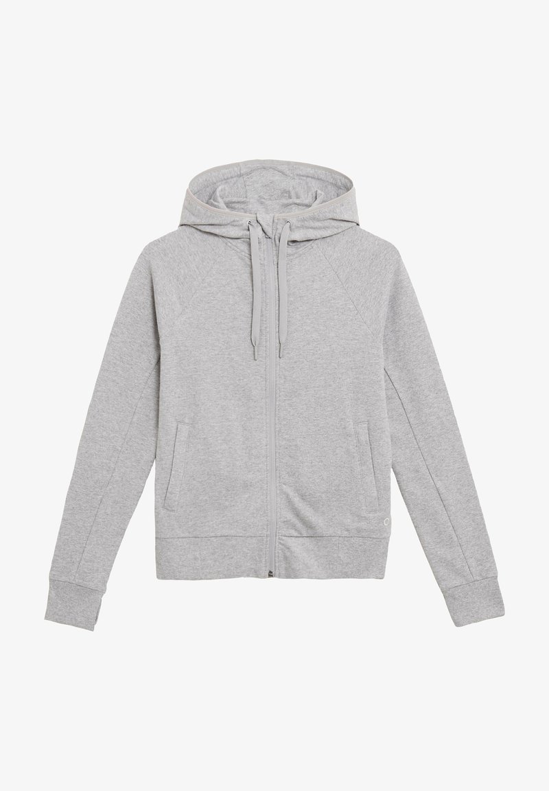 Sweat à capuche zippé gris clair avec poches avant, capuche à cordon et poignets et ourlet côtelés, présenté sur fond blanc.