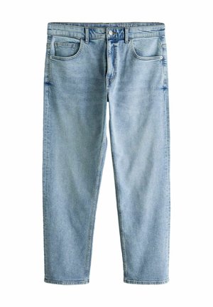 Lyseblå straight-leg denimjeans med for-, knap, lynlås, bæltestropper og femlomme-design, lagt fladt på en hvid baggrund.