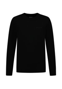 Zwarte trui van gebreide stof met een ronde hals en lange mouwen. Beschikt over ribgebreide manchetten en een subtiele tonale logo op de borst.