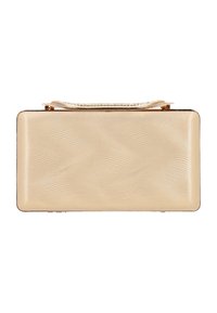 Rektangulær clutch i tekstureret beige materiale med bølge mønster, guldfarvede detaljer og en kædetræk til at bære.