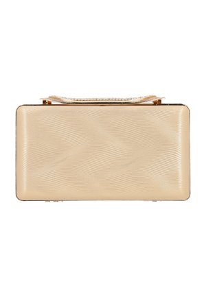 Rektangulær clutch i tekstureret beige materiale med bølge mønster, guldfarvede detaljer og en kædetræk til at bære.