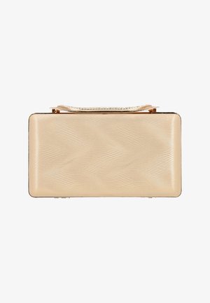 Rektangulær clutch i tekstureret beige materiale med bølge mønster, guldfarvede detaljer og en kædetræk til at bære.