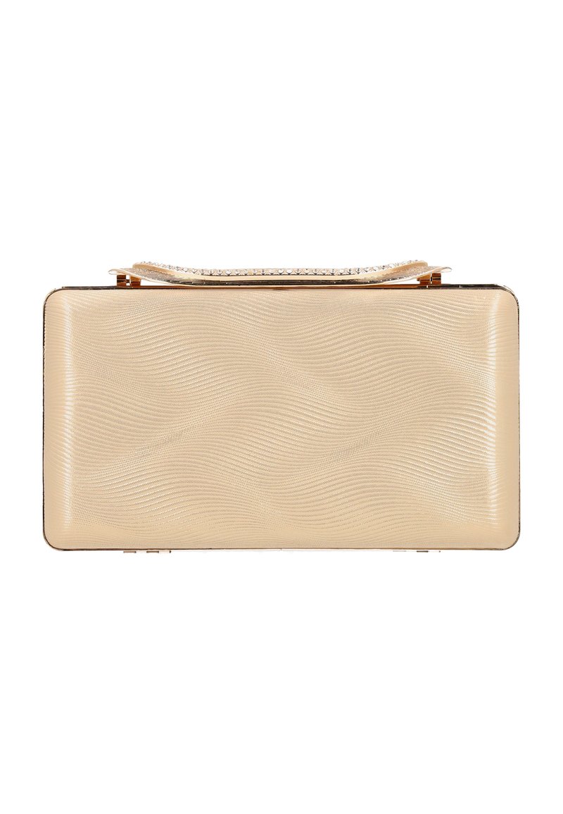 Rektangulær clutch i tekstureret beige materiale med bølge mønster, guldfarvede detaljer og en kædetræk til at bære.