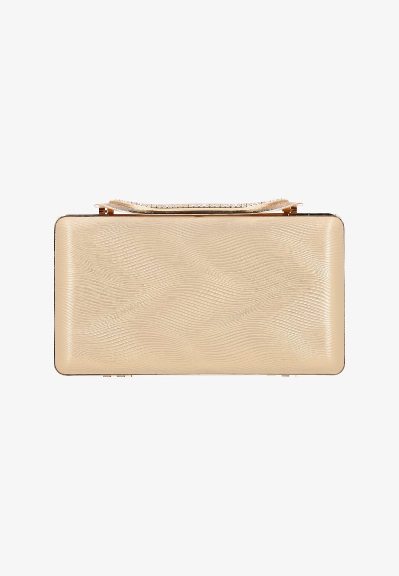 Rektangulær clutch i tekstureret beige materiale med bølge mønster, guldfarvede detaljer og en kædetræk til at bære.