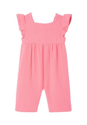 Pink sleeveless baby romper with ruffled cap sleeves, square neckline, and gathered waist made of textured fabric.