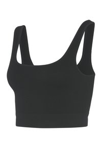 Schwarzer gerippter Bralette mit breiten Trägern und rundem Ausschnitt. Verfügt über ein nahtloses Design und einen verkürzten Saum für Komfort und Vielseitigkeit.