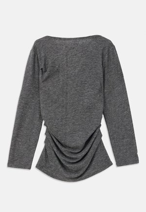 Gray long-sleeve top with a soft texture, featuring a wide neckline and a gathered detail at the back, creating a flowing silhouette.
