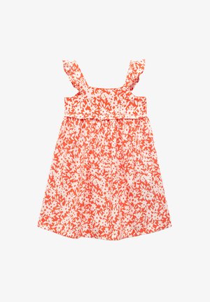 Ärmelloses Kleid in Orange mit weißem Blumenmuster, ausgestattet mit Rüschenträgern und einer gerafften Taille für eine lockere Passform.