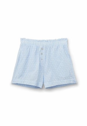 Jasnoniebieskie bokserki męskie z białymi pionowymi paskami, elastycznym pasem i trzema szarymi guzikami na przednim kroku.