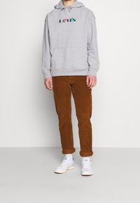 Felpa grigia in cotone con logo "Levi's" colorato, abbinata a pantaloni in corduroy marroni e sneakers bianche a basso profilo. Design semplice, vestibilità rilassata.