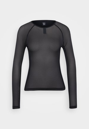 Black long-sleeve top made of mesh fabric. Features a round neckline and fitted silhouette with contrasting trim along the edges.