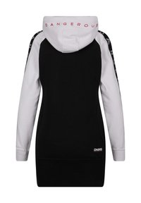 Vestido sudadera negro y blanco con capucha y mangas largas, que presenta el texto rojo "DANGEROUS" en la capucha y detalles negros en las mangas.