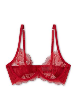 Soutien-gorge en dentelle rouge avec panneaux transparents, motifs floraux, bretelles réglables et bords festonnés. Conçu avec un soutien-gorge à armatures et une fermeture à crochets.
