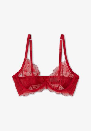 Soutien-gorge en dentelle rouge avec panneaux transparents, motifs floraux, bretelles réglables et bords festonnés. Conçu avec un soutien-gorge à armatures et une fermeture à crochets.