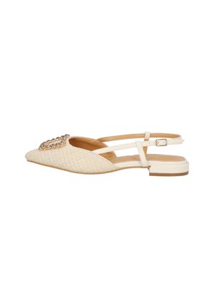 Beige woven flat sandal with a pointed toe, decorative rhinestone accent on the vamp, and an adjustable ankle strap. Light sole.